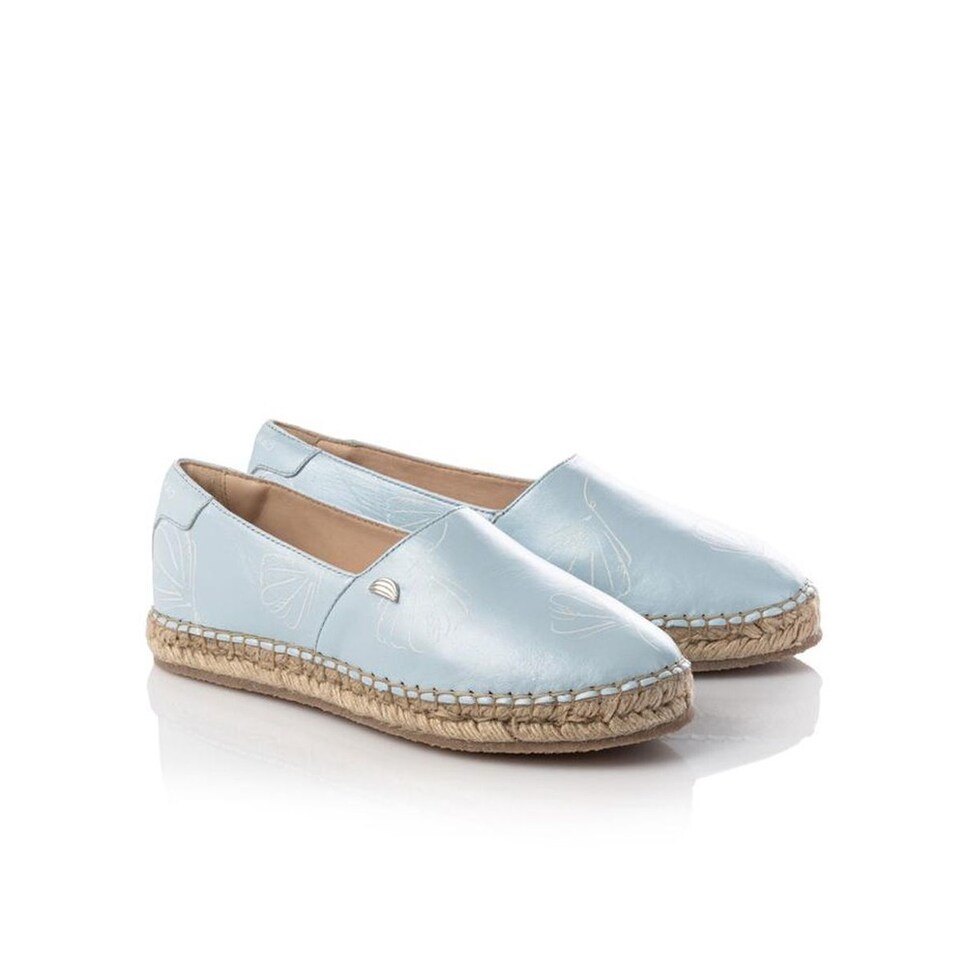 Alpercata de mulher Cantaloupe em pele metalizada azul claro com estampado de conchas Azul-claro-2
