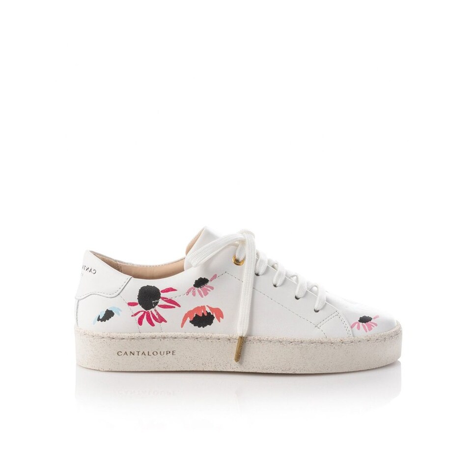 Sneaker de mulher Cantaloupe em pele branca com estampado malmequeres Branco-1