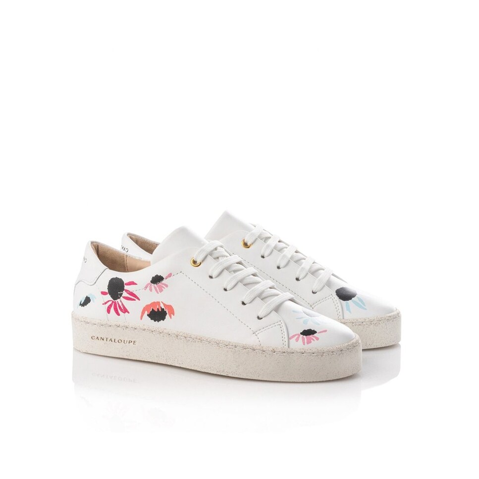 Sneaker de mulher Cantaloupe em pele branca com estampado malmequeres Branco-2