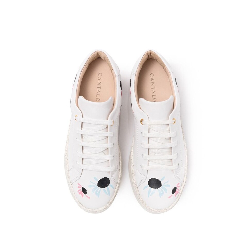 Sneaker de mulher Cantaloupe em pele branca com estampado malmequeres Branco-3
