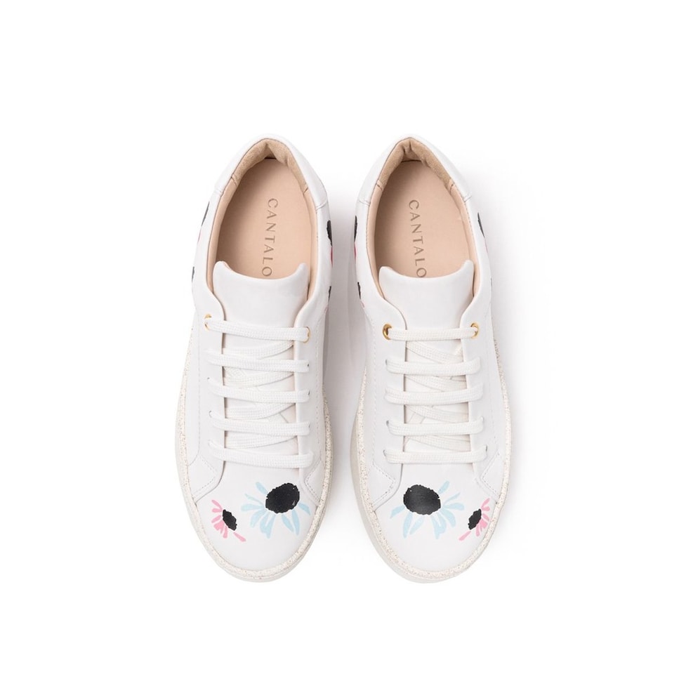 Sneaker de mulher Cantaloupe em pele branca com estampado malmequeres Branco-3