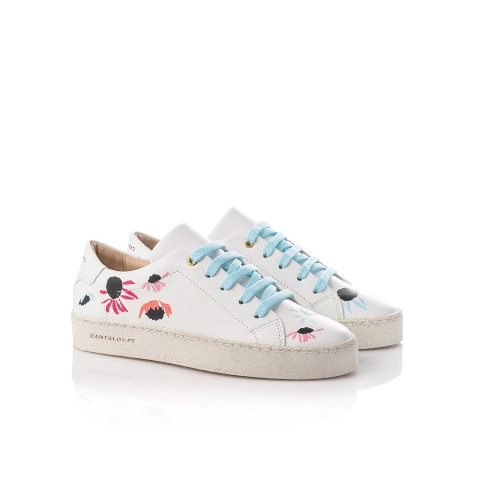 Sneaker de mulher Cantaloupe em pele branca com estampado malmequeres Branco-4