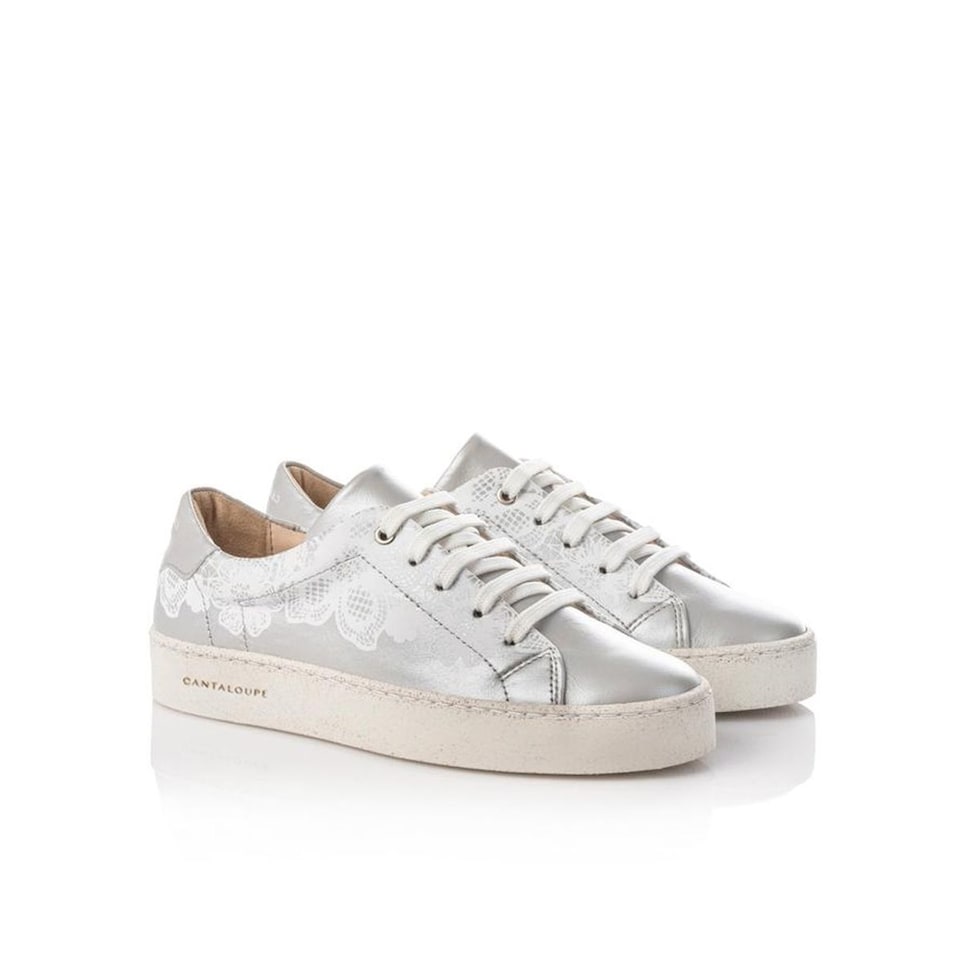 Sneaker de mulher Cantaloupe em pele prateada com estampado renda Prateado-2