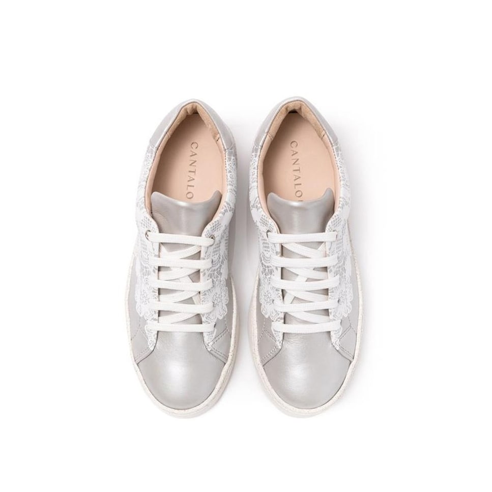 Sneaker de mulher Cantaloupe em pele prateada com estampado renda Prateado-3