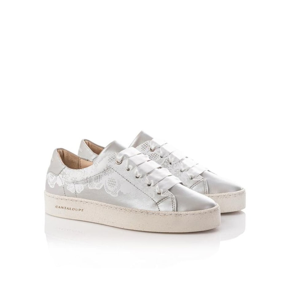 Sneaker de mulher Cantaloupe em pele prateada com estampado renda Prateado-4