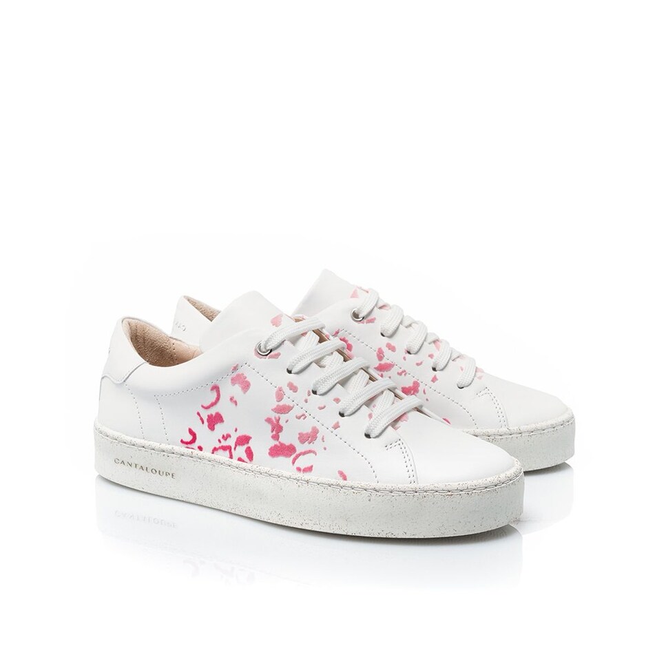 Sneaker de mulher Cantaloupe em pele branca com estampado leopardo nas laterais do sapato Branco-2