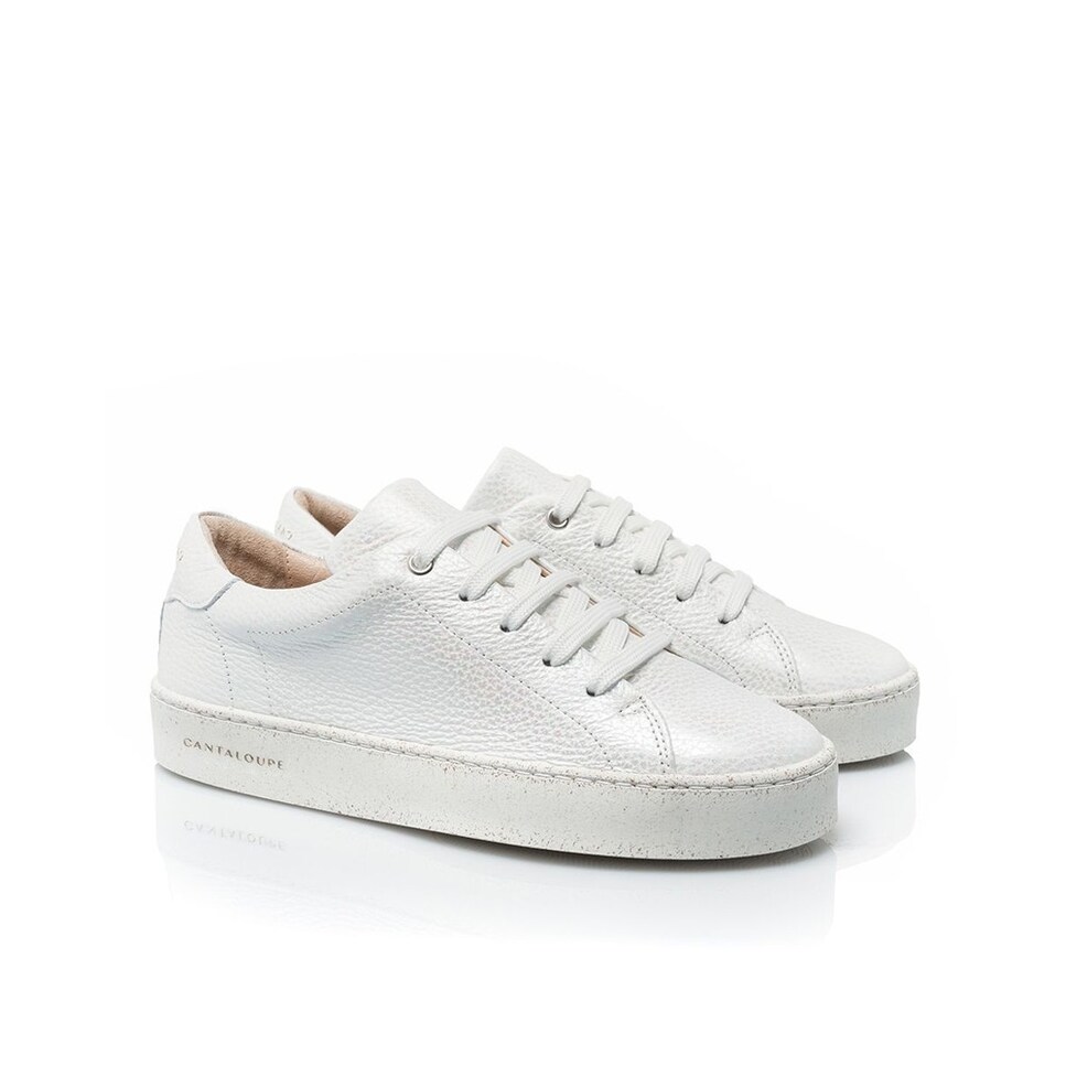 Sneaker de mulher Cantaloupe em pele branca texturizada com estampado iridiscente Branco-2