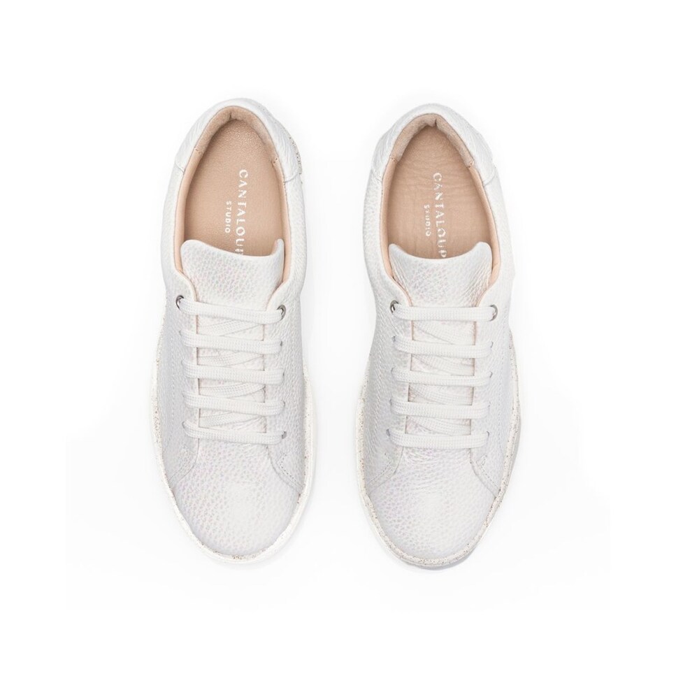Sneaker de mulher Cantaloupe em pele branca texturizada com estampado iridiscente Branco-3