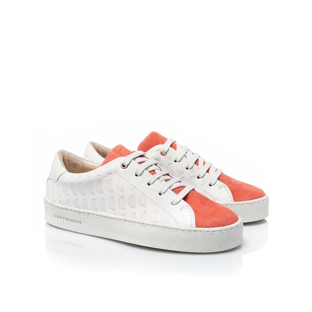 Sneaker de mulher Cantaloupe em pele branca e camurça coral Branco-2