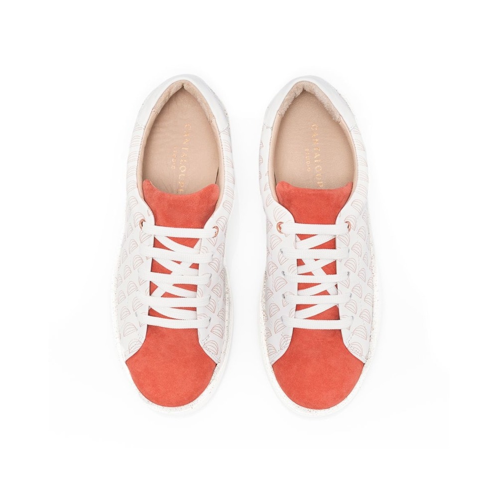 Sneaker de mulher Cantaloupe em pele branca e camurça coral Branco-3