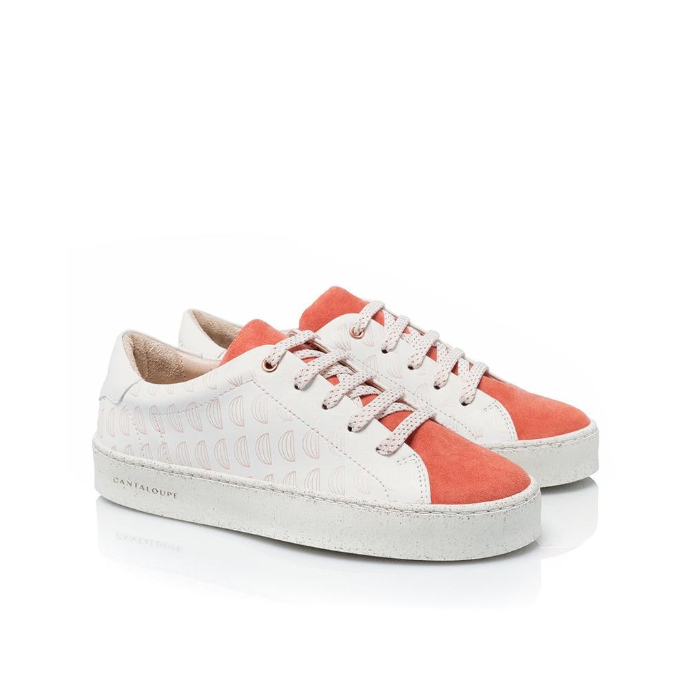 Sneaker de mulher Cantaloupe em pele branca e camurça coral Branco-4