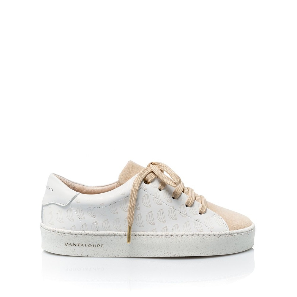 Imagem 0 de Sneaker de mulher Cantaloupe em pele branca e camurça bege com estampado e ligeiro brilho