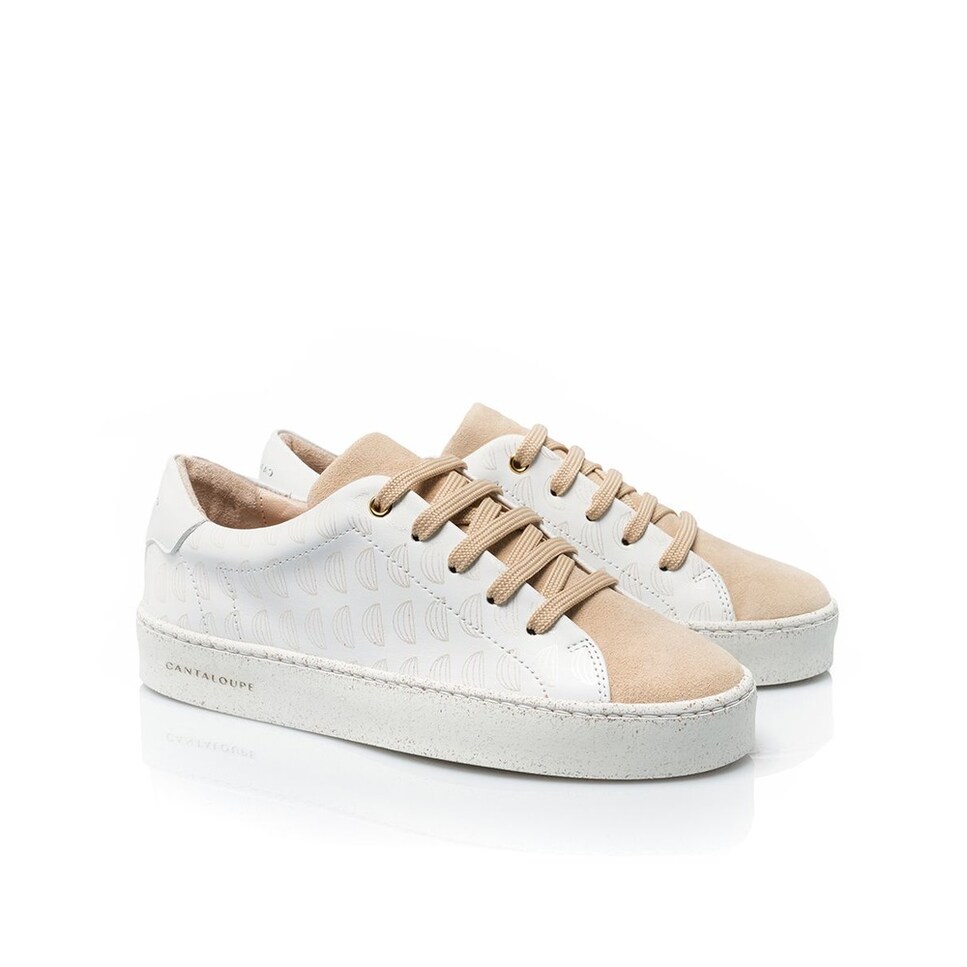 Sneaker de mulher Cantaloupe em pele branca e camurça bege com estampado e ligeiro brilho Branco-2