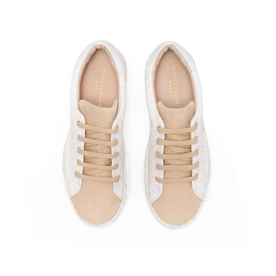 Sneaker de mulher Cantaloupe em pele branca e camurça bege com estampado e ligeiro brilho Branco-3
