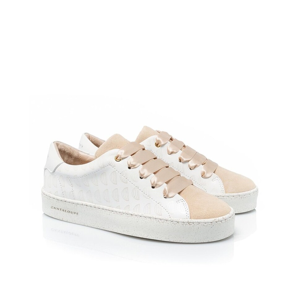 Sneaker de mulher Cantaloupe em pele branca e camurça bege com estampado e ligeiro brilho Branco-4