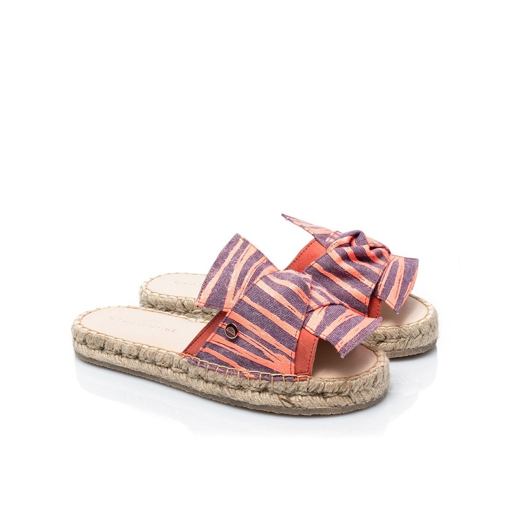 Sandália de mulher Cantaloupe em camurça coral com laço em tecido de algodão com estampado zebra com brilho subtil Coral-2