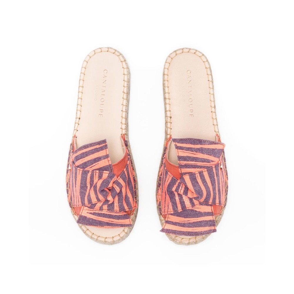 Sandália de mulher Cantaloupe em camurça coral com laço em tecido de algodão com estampado zebra com brilho subtil Coral-3