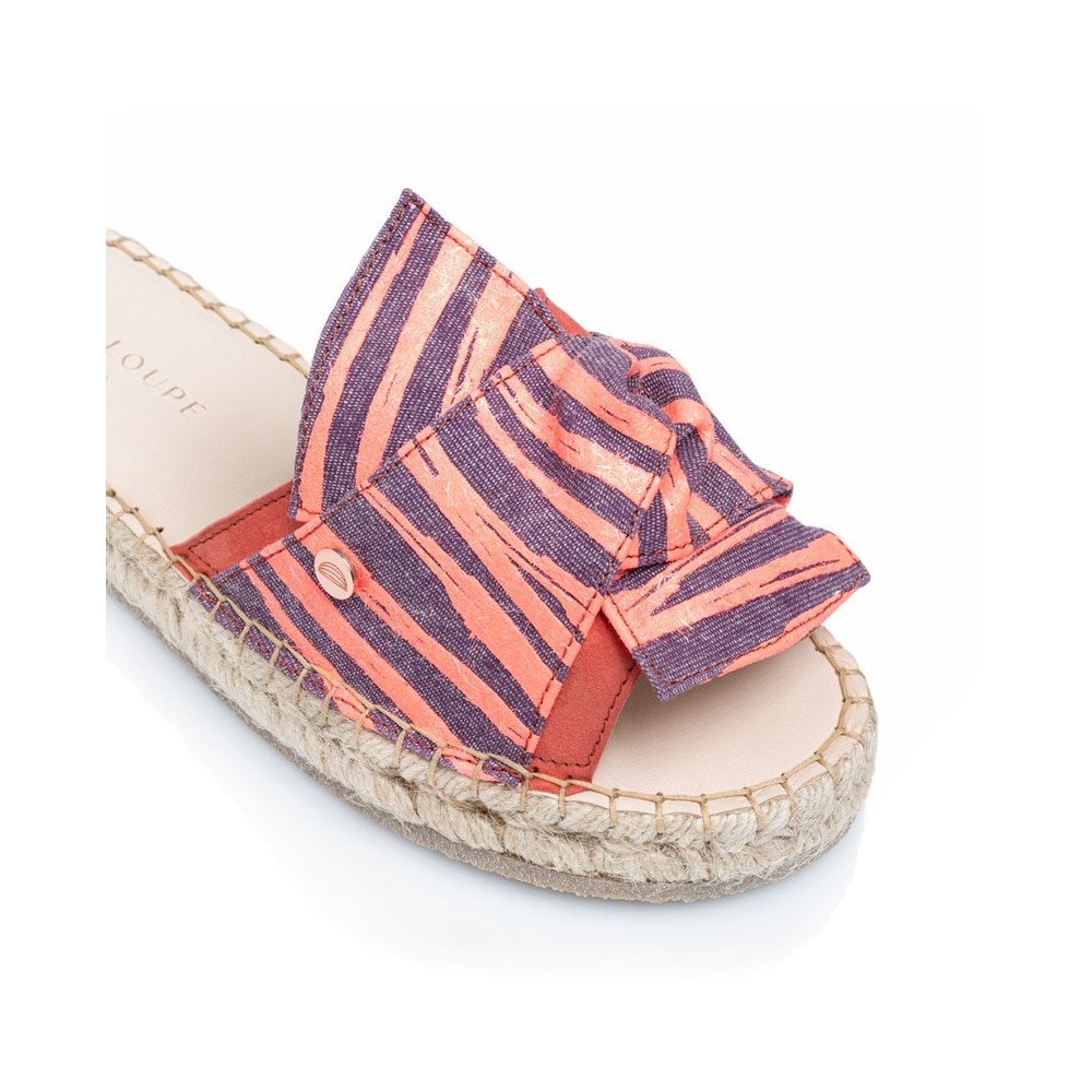 Sandália de mulher Cantaloupe em camurça coral com laço em tecido de algodão com estampado zebra com brilho subtil Coral-4