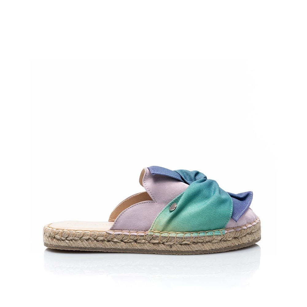 Imagem 0 de Mule de mulher Cantaloupe em camurça lilás e laço em tecido de algodão com estampado em degradê azul, roxo e lilás com um brilho suave.