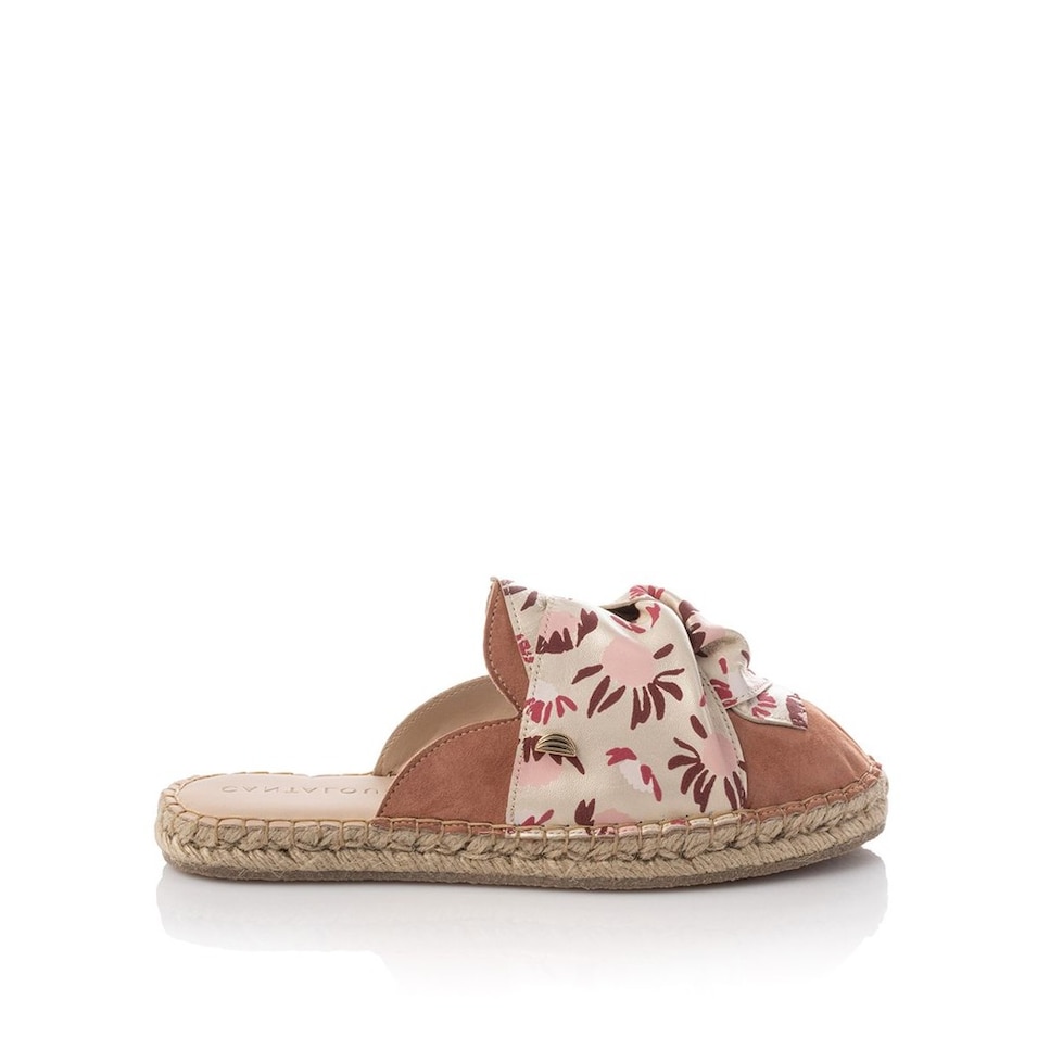 Mule de mulher Cantaloupe em camurça rosa escuro com laço em pele dourada metalizada Rosa-1