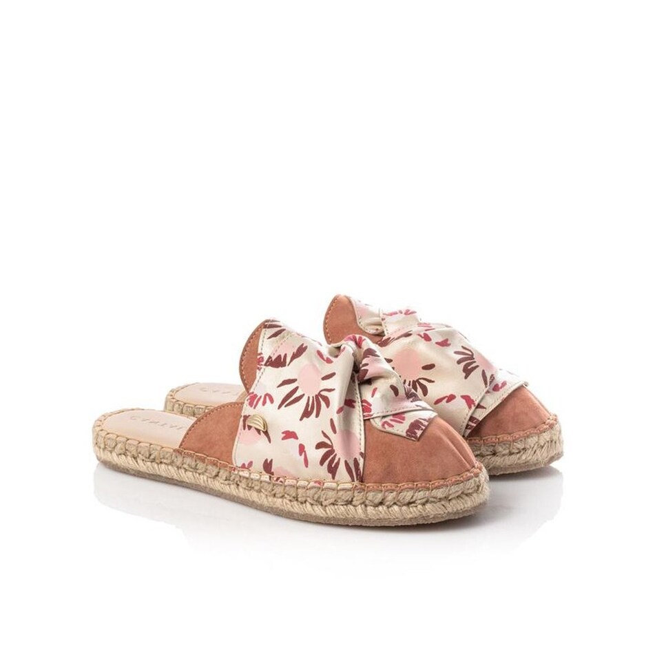 Mule de mulher Cantaloupe em camurça rosa escuro com laço em pele dourada metalizada Rosa-2