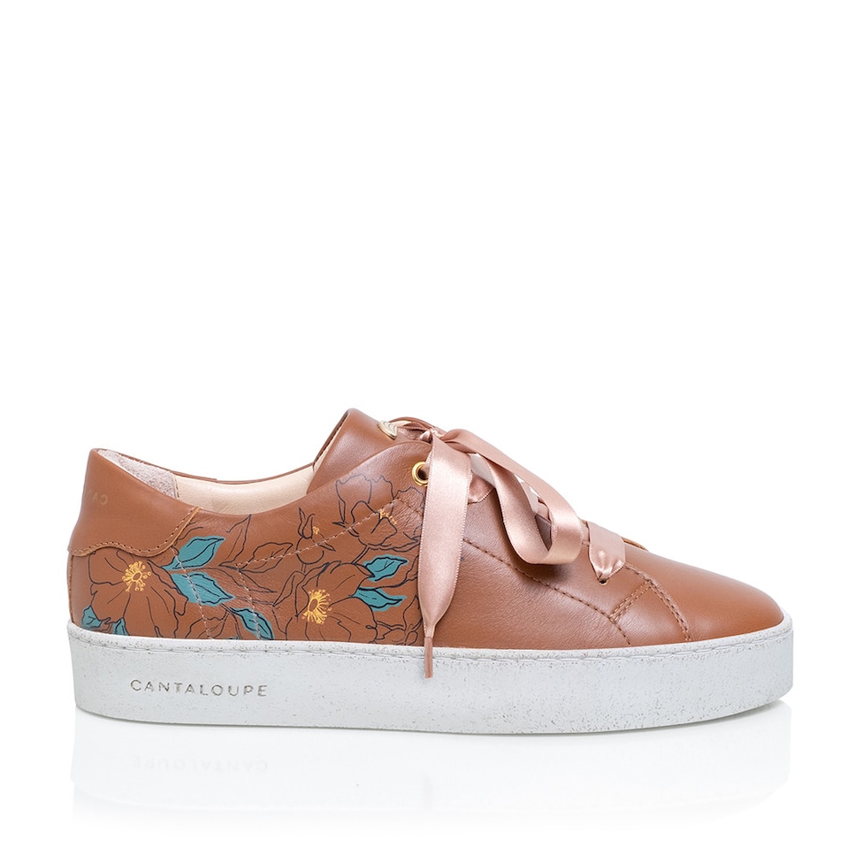 Sneaker de mulher Cantaloupe em pele castanha com estampado florido várias cores Castanho-1