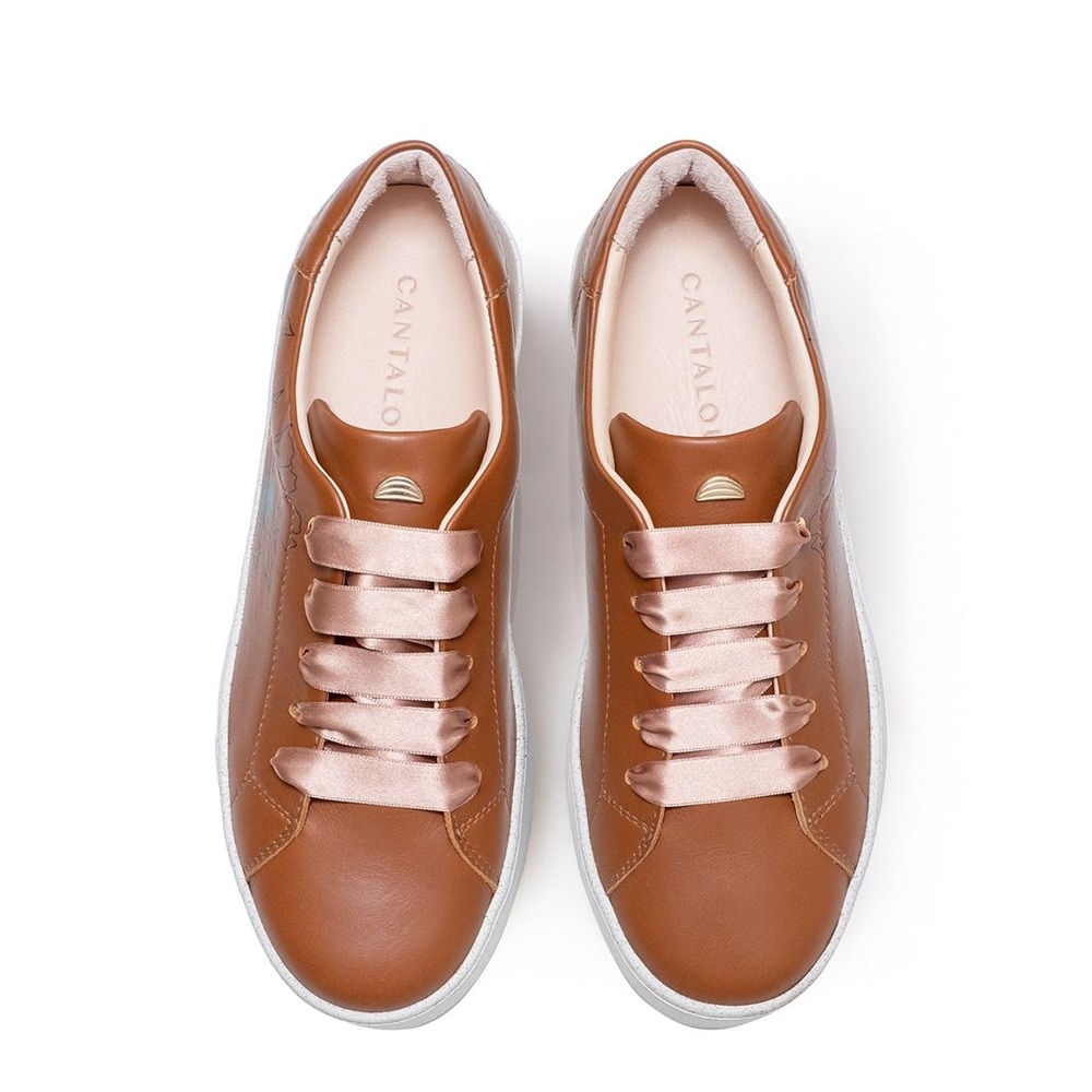 Sneaker de mulher Cantaloupe em pele castanha com estampado florido várias cores Castanho-2