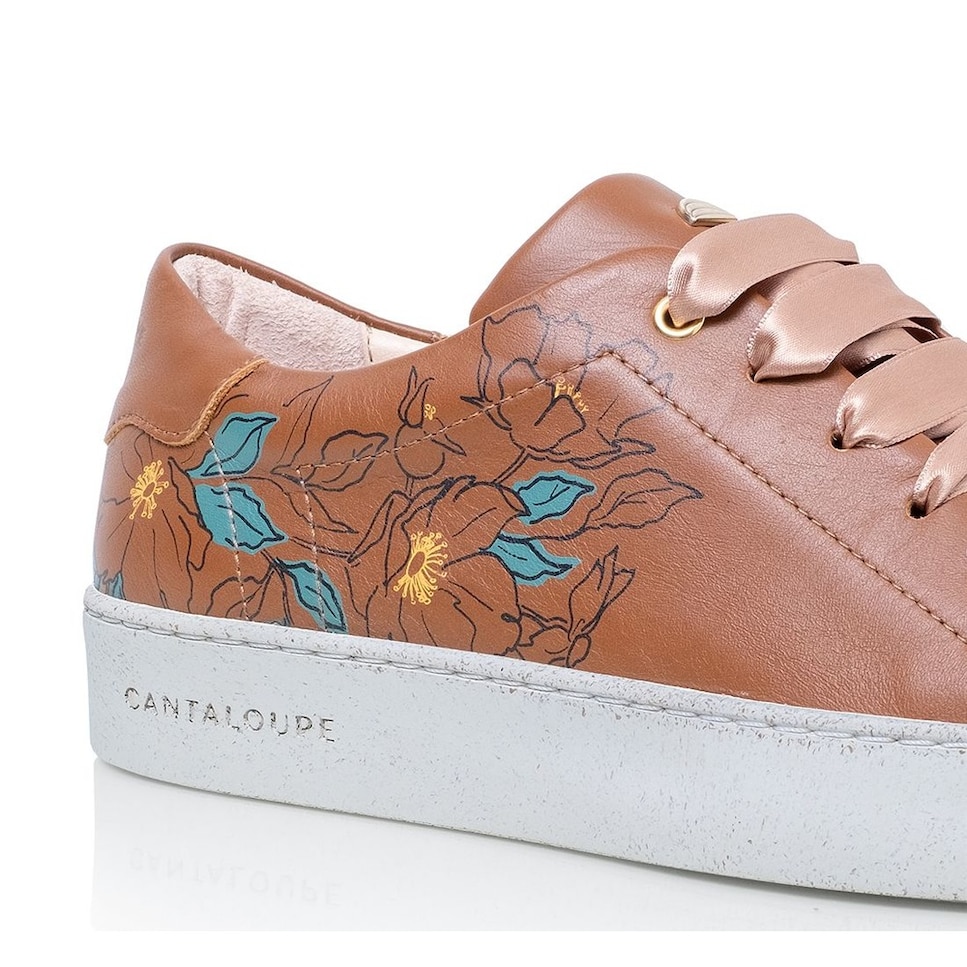 Sneaker de mulher Cantaloupe em pele castanha com estampado florido várias cores Castanho-3