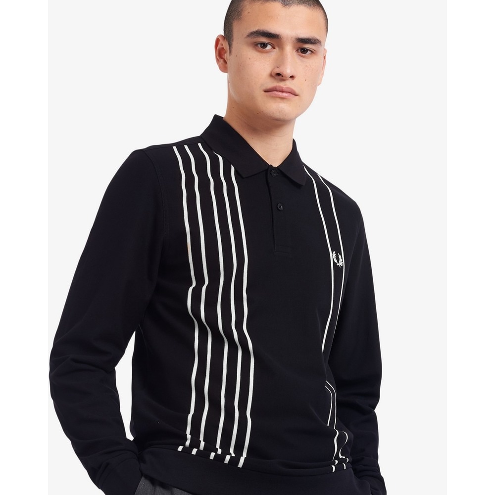 Polo de manga comprida piqué às riscas Preto-4