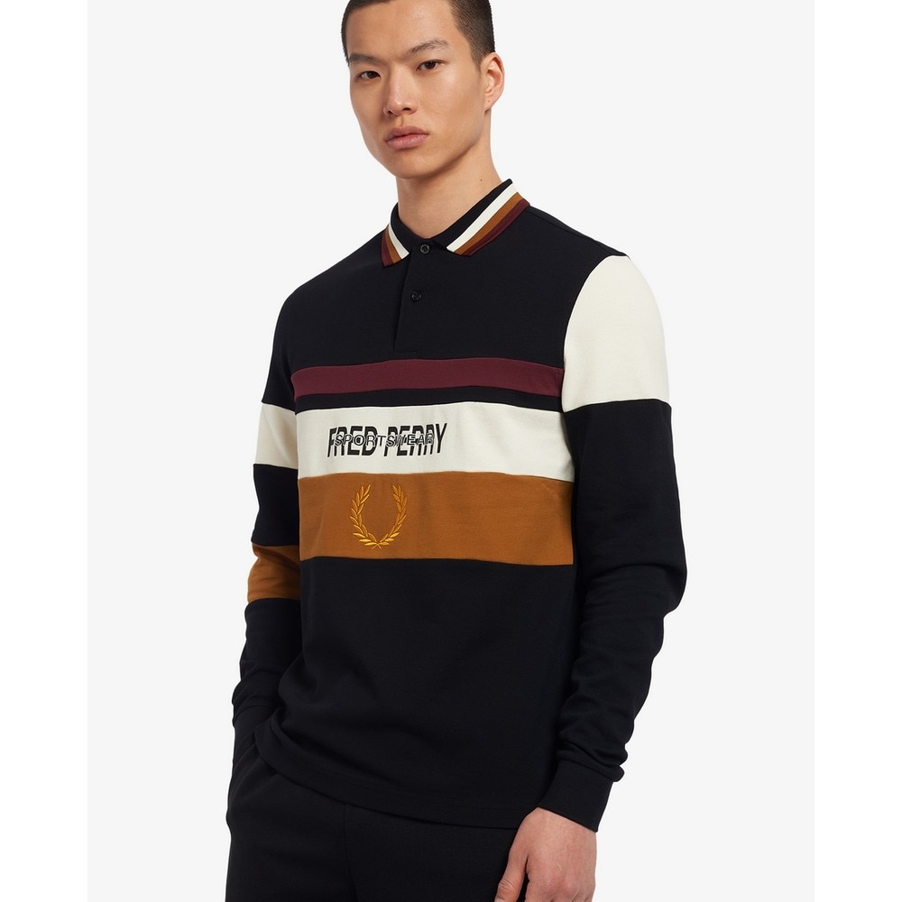 Polo de manga comprida com colarinho e botões às riscas Preto-1