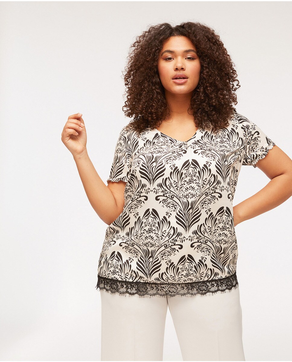 Blusa de mujer talla grande estampada con encaje e la parte inferior · Fiorella  Rubino · El Corte Inglés