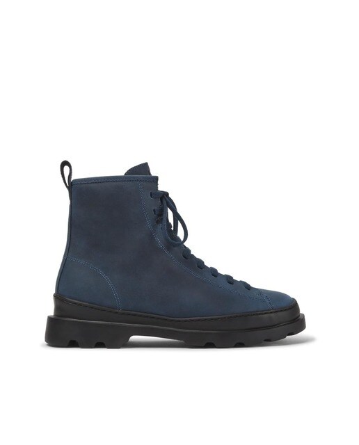 Bota señora azul marino en cuero Bota alta estilo campera en piel