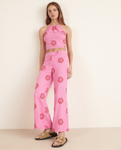 Pantalón de campana de mujer con bordado de hibiscus · Brownie · El Corte  Inglés