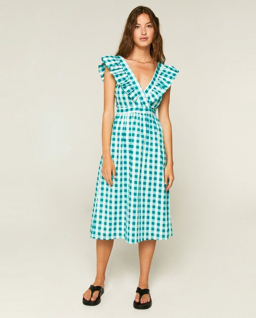 Vestido midi con escote pico y volantes de cuadros vichy · Compañía  Fantástica · El Corte Inglés