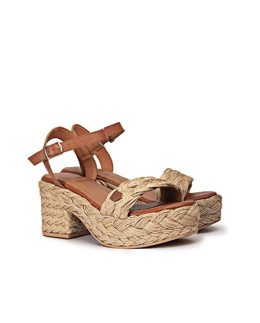 Sandalias de tacón de mujer en piel marrón y blanca con plataforma · Popa ·  El Corte Inglés