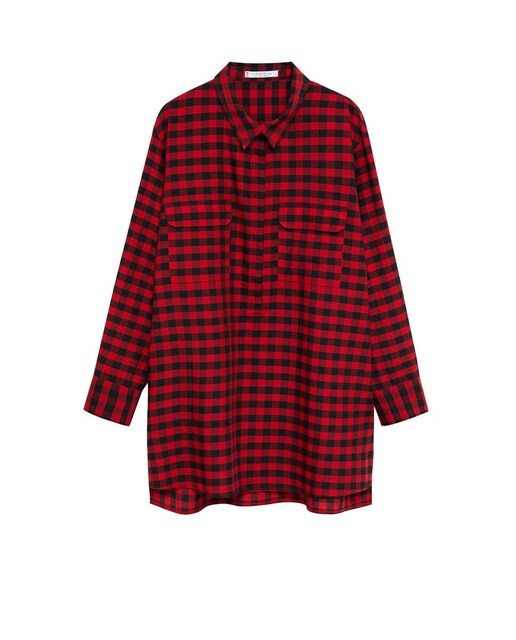 Camisa de mujer talla grande de cuadros con bolsillos solapa camisa cuadros rojos y negros mujer talla grande