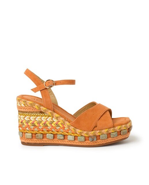 Sandalias de cuña de mujer de piel en naranja con cuña trenzada · Alma en  Pena · El Corte Inglés