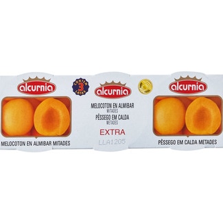 melocotón en almíbar en mitades pack 3 latas 115 g neto escurrido - Alcurnia