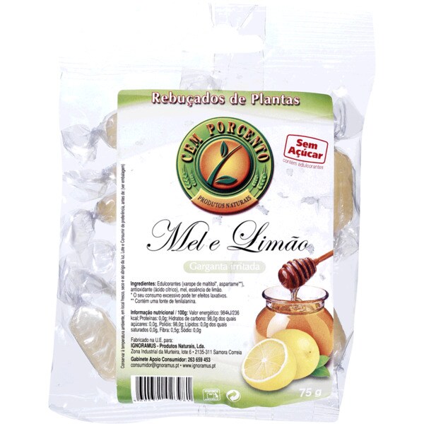 Cem Porcento Rebuçados de Mel e Limão embalagem 75 g