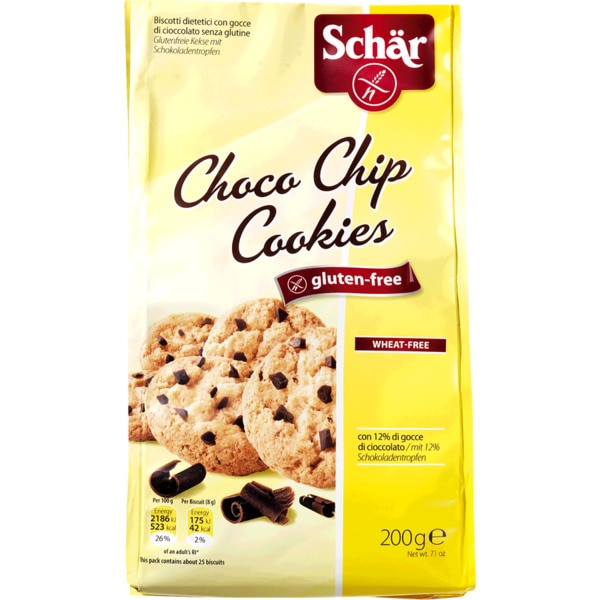 Bolachas com Pepitas de Chocolate sem Glúten embalagem 200 g