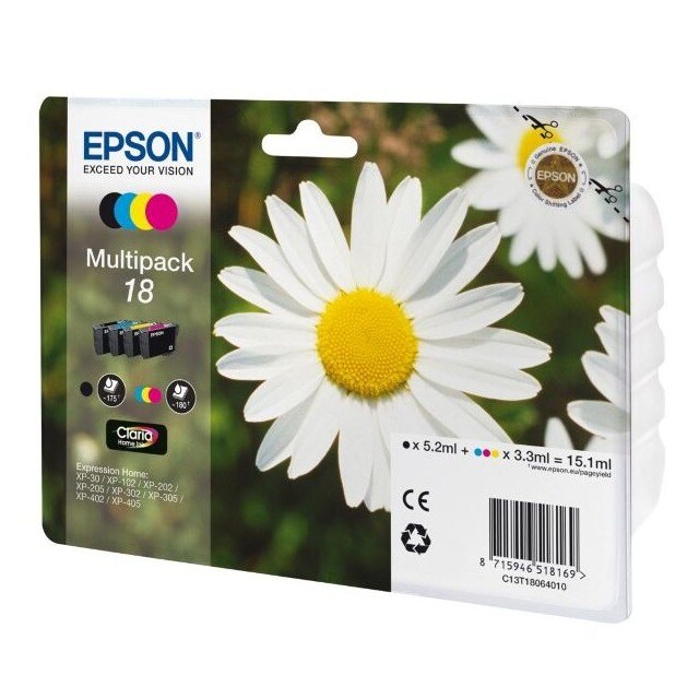 Imagen 0 de Pack 4 tintas originales Epson 18 negro + multicolor (C13T18064020)