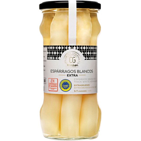 espárragos blancos extra gruesos 5-7 frutos IGP Esparragos de Navarra frasco 325 g neto escurrido