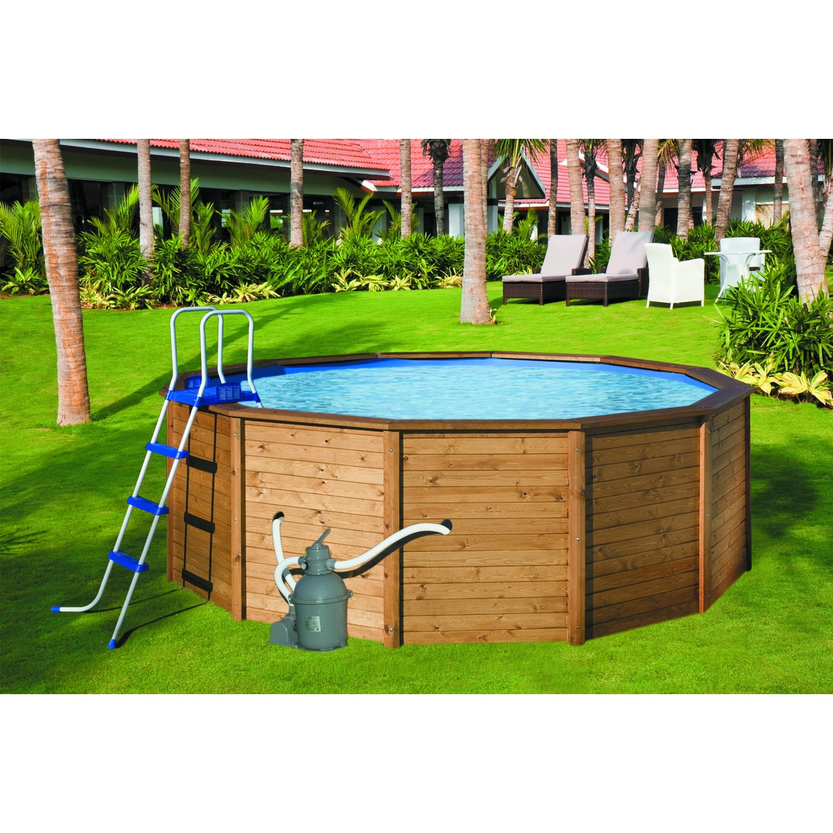 Piscina redonda madera panelada Ø375 x 127 cm Madera-1