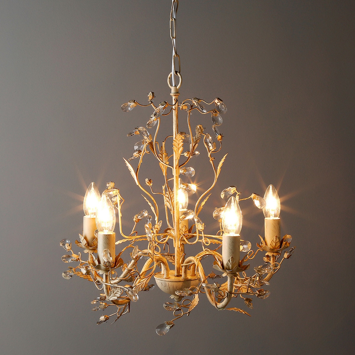 Candeeiro tipo candelabro de metal e cristal de 5 luzes Toscana Creme-2