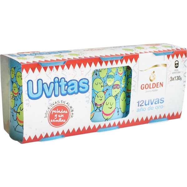 12 uvitas Año de Oro en almíbar peladas y sin semillas pack 3 envases 130 g neto escurrido