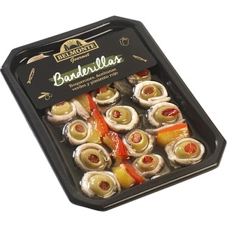banderillas de boquerones, aceitunas verdes y pimiento rojo tarrina 160 g neto escurrido - Belmonte Gourmet