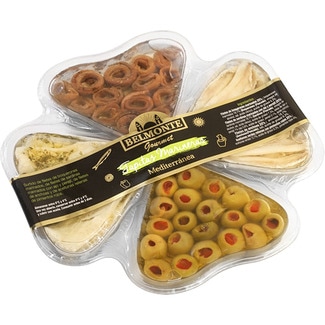 tapita mediterránea: boquerones y sardinas en vinagre, anchoas en salazón y aceitunas tarrina 210 g neto escurrido rellenas de pimiento rojo - Belmonte Gourmet