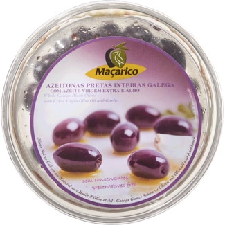 Azeitonas Pretas Inteiras Galega com Azeite Virgem Extra e Alho 155 g - Maçarico