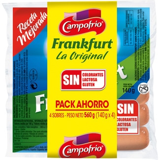 salchichas Frankfurt cocidas de cerdo y pollo sabor ahumado pack 4 x 140 g envase 560 g sin gluten sin lactosa - Campofrio