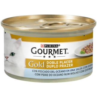Gold Comida Húmida para Gato Duplo Prazer com Peixe do Oceano num Molho de Espinafres lata 85 g - Gourmet